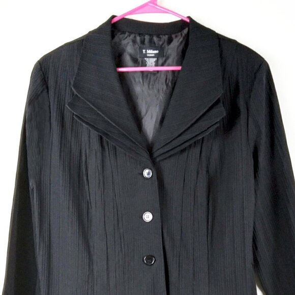 T Milano Black Micro Pleated Triple Lapel Button Up Blazer Sz 14 - Picture 9 of 9
